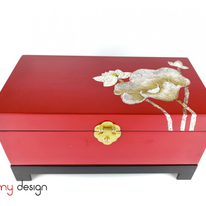 Red rectangle lacquer box hand-painted with lotus included with stand 18x35 cm